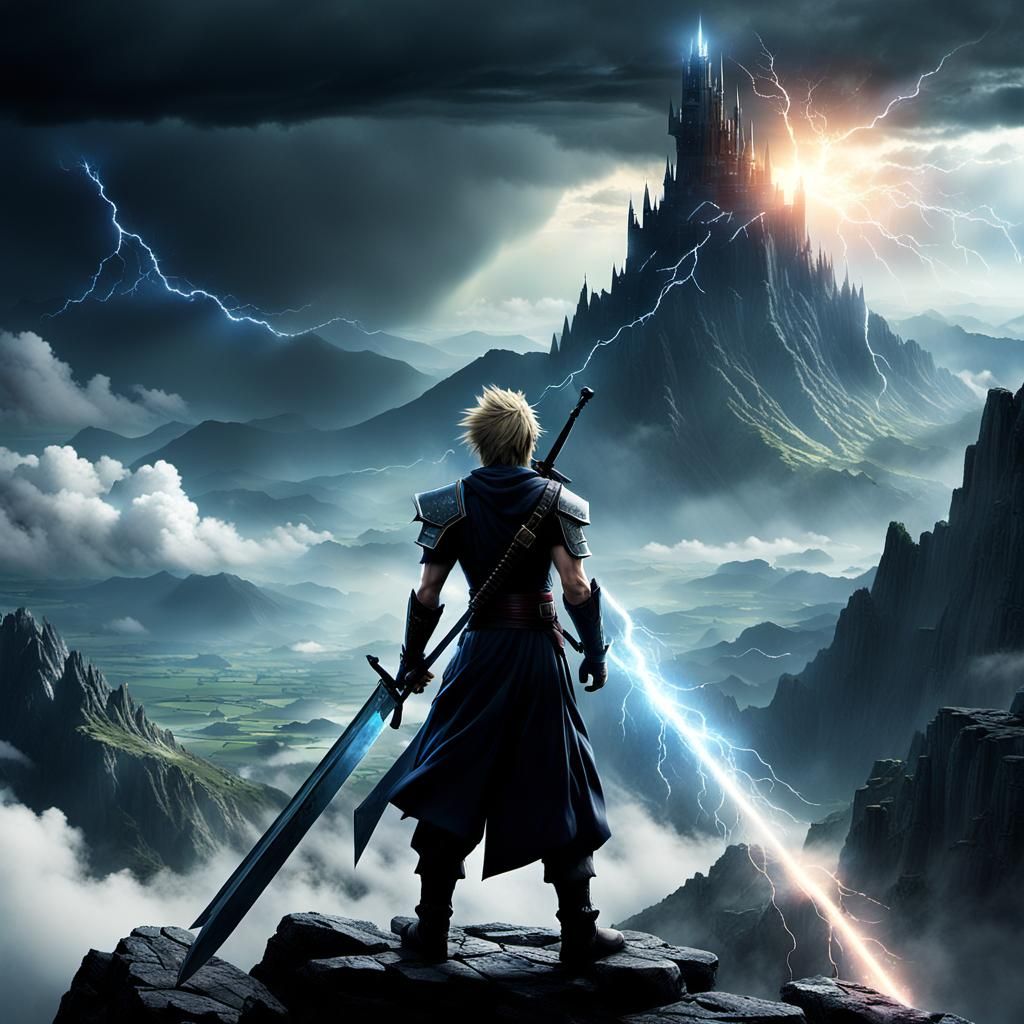 Cloud Strife standing on a mountain as lightning bolts rain ...