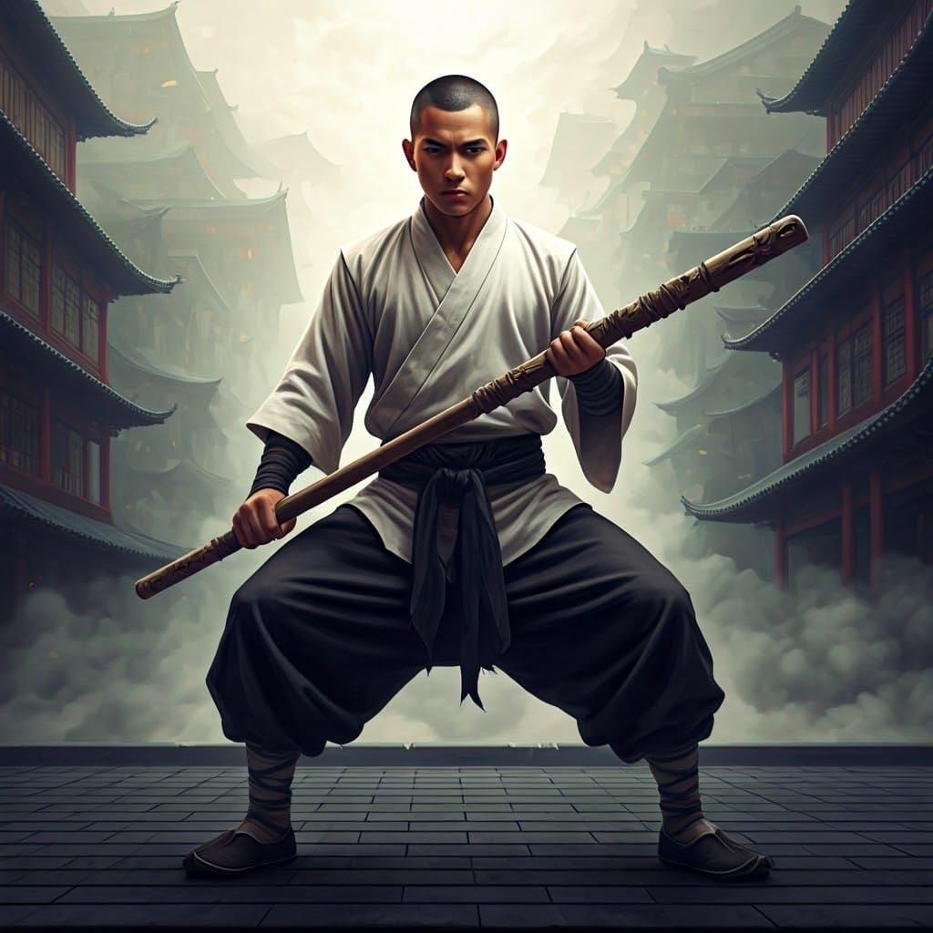 Warrior Monk in Fantasy Cityscape, Abstract Art Style