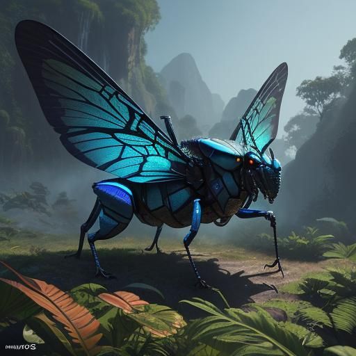 Robotic Grasshopper with Iridescent Wings, Digital Art