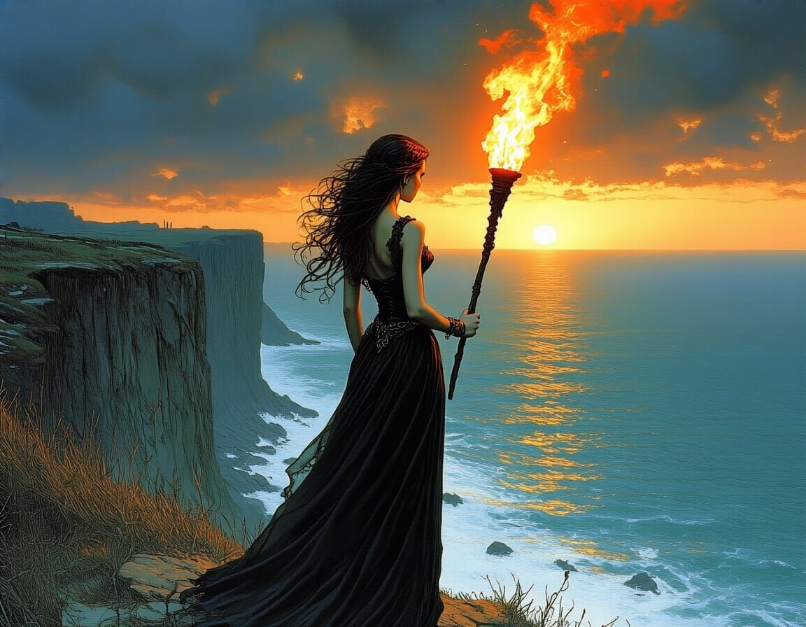Woman with Torch Overlooking Sea, Dark Fantasy Art