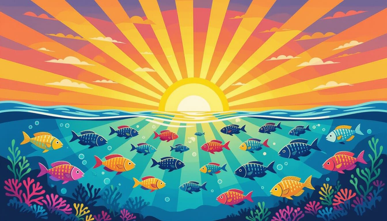 Vibrant Fish School at Spectacular Sunrise, Stick Art