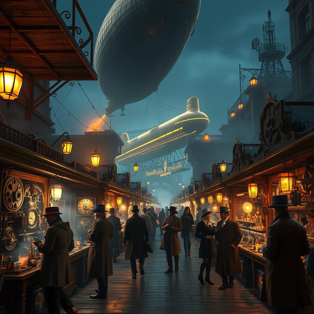 Steampunk Night Market in Victorian-Era City