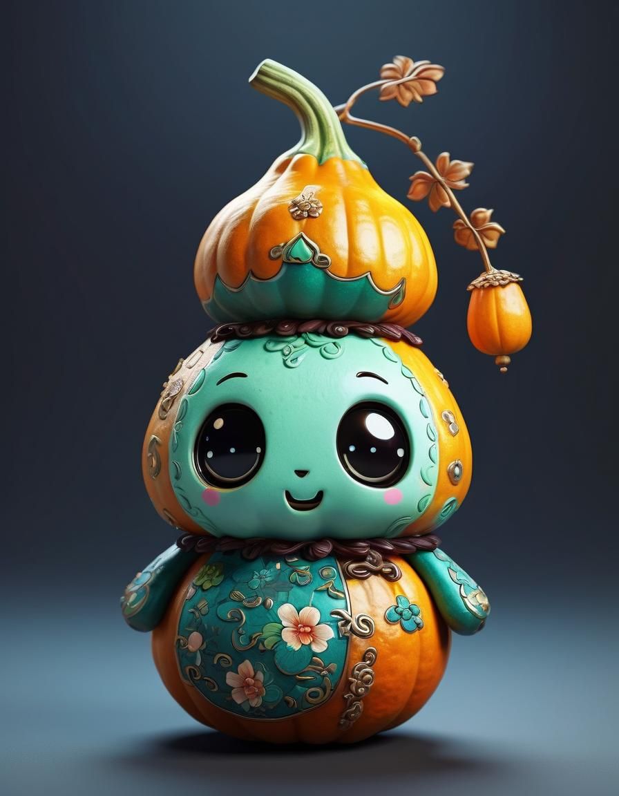 Cute Chibi Gourd Character in Japanese Aesthetic Style