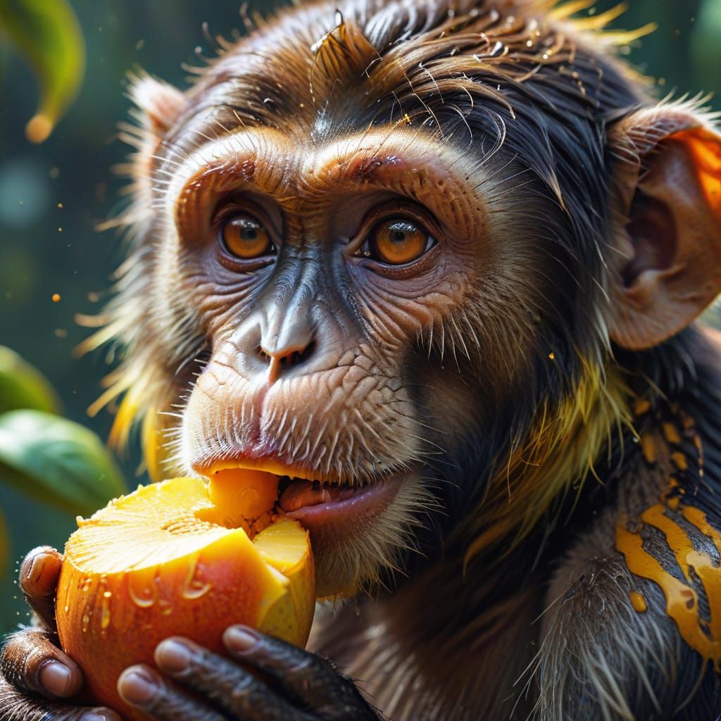 Monkey Eating Mango in Vibrant Digital Art