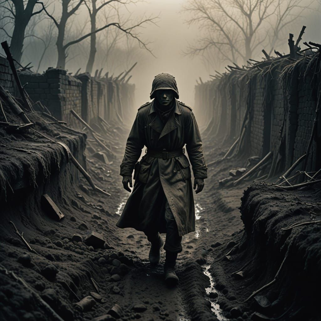 Mysterious Figure Rises from the Shadows of a War-Torn Trenc...