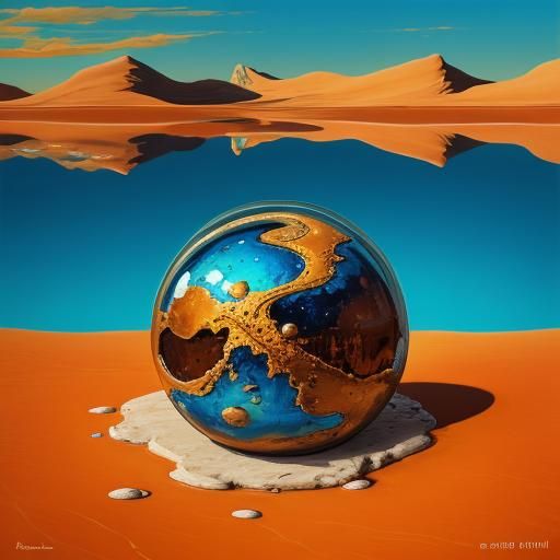 Surreal Woman with Melting Clock in Desert Landscape