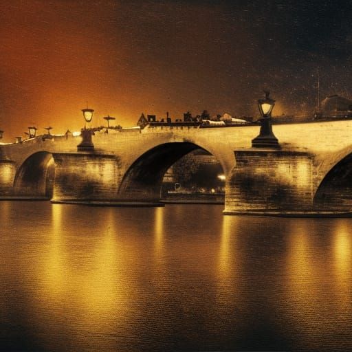 Prague Bridge Crossing at Night: Detailed Matte Painting