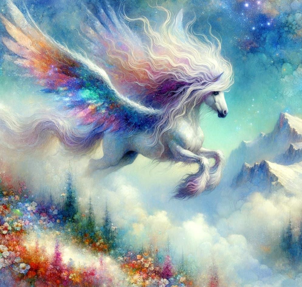 Ethereal Pegasus Soaring Over Spring Meadow: Watercolor Pain...