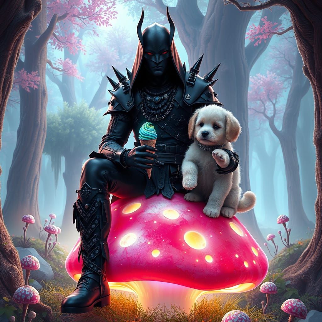 Black Metal Musician Surrounded by Whimsical Fantasy