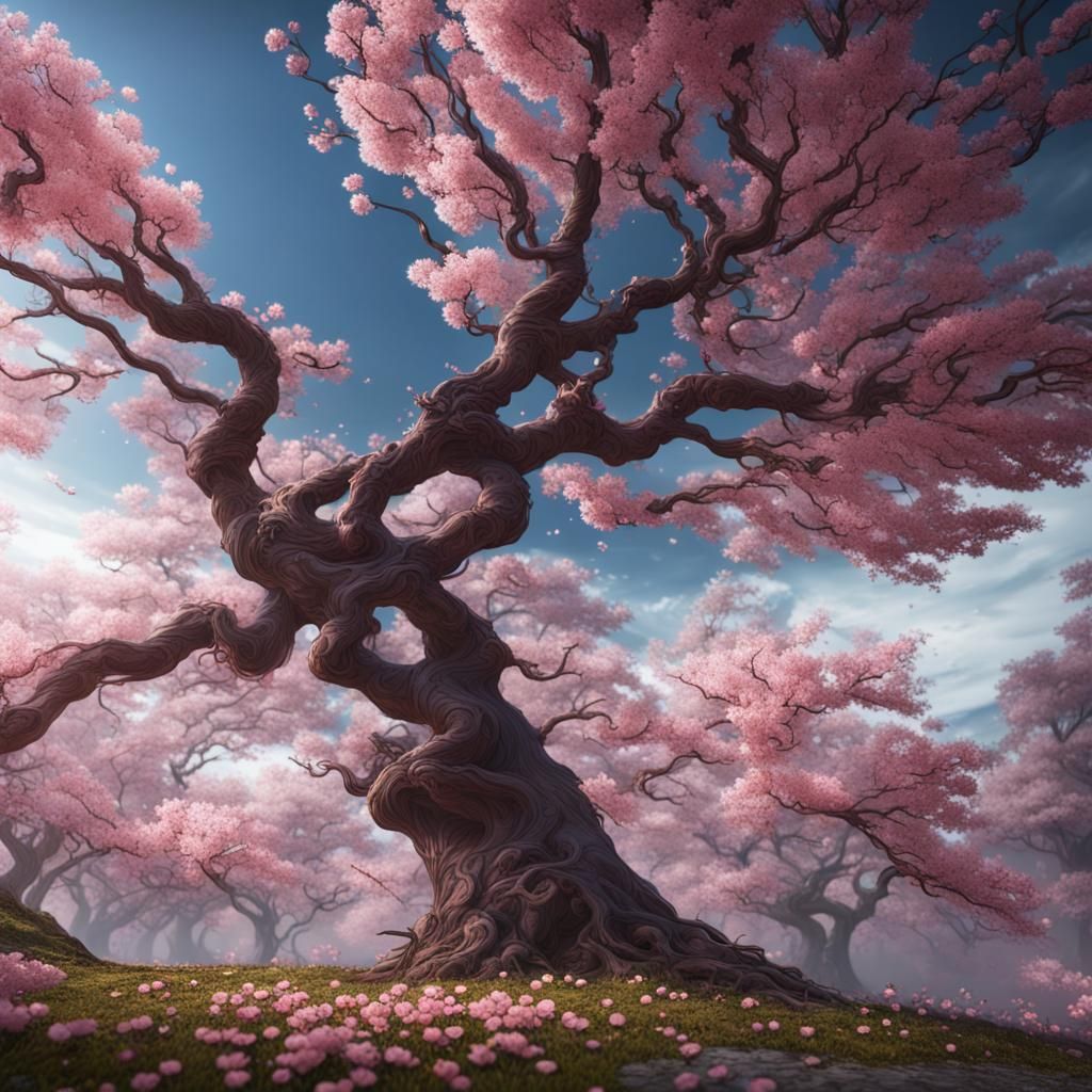 Sakura Tree with Blossoms in Fantastical Matte Painting
