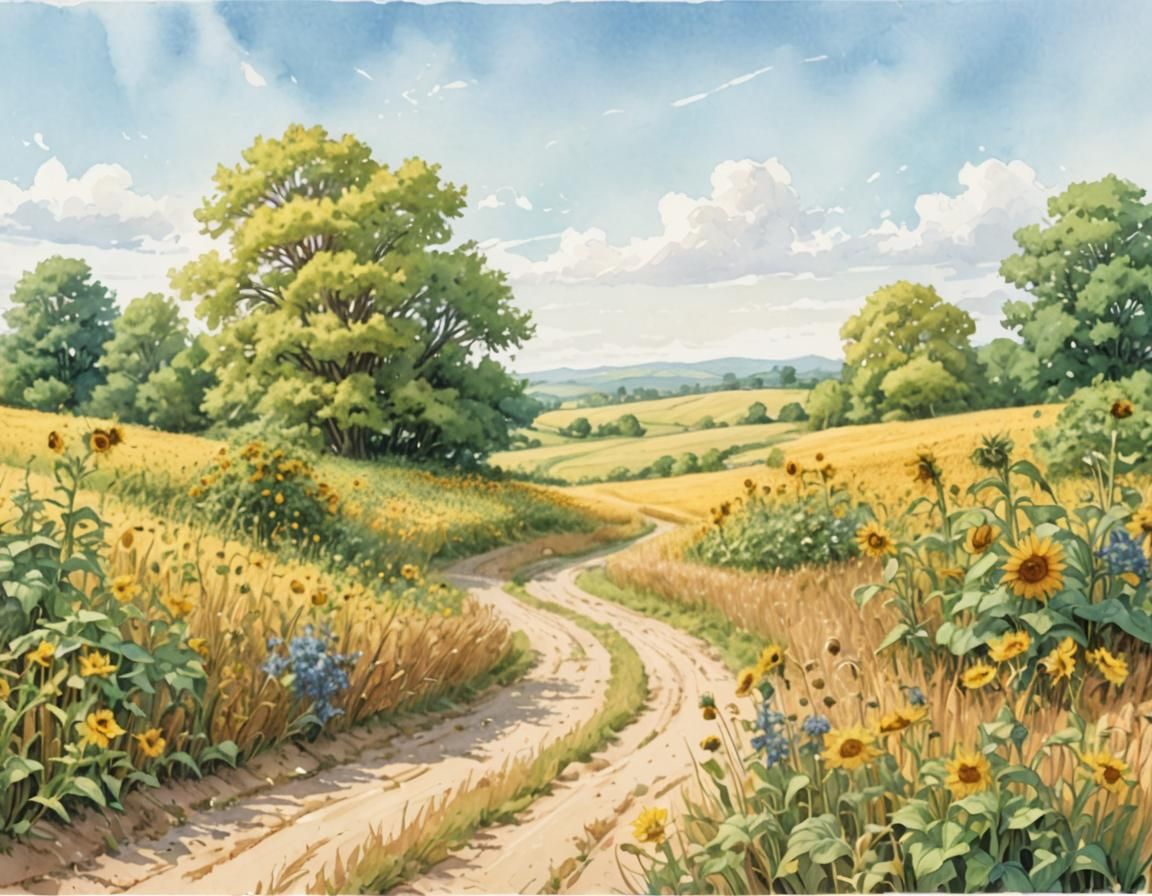 Wheat and Sunflowers Field in Comic Book Art