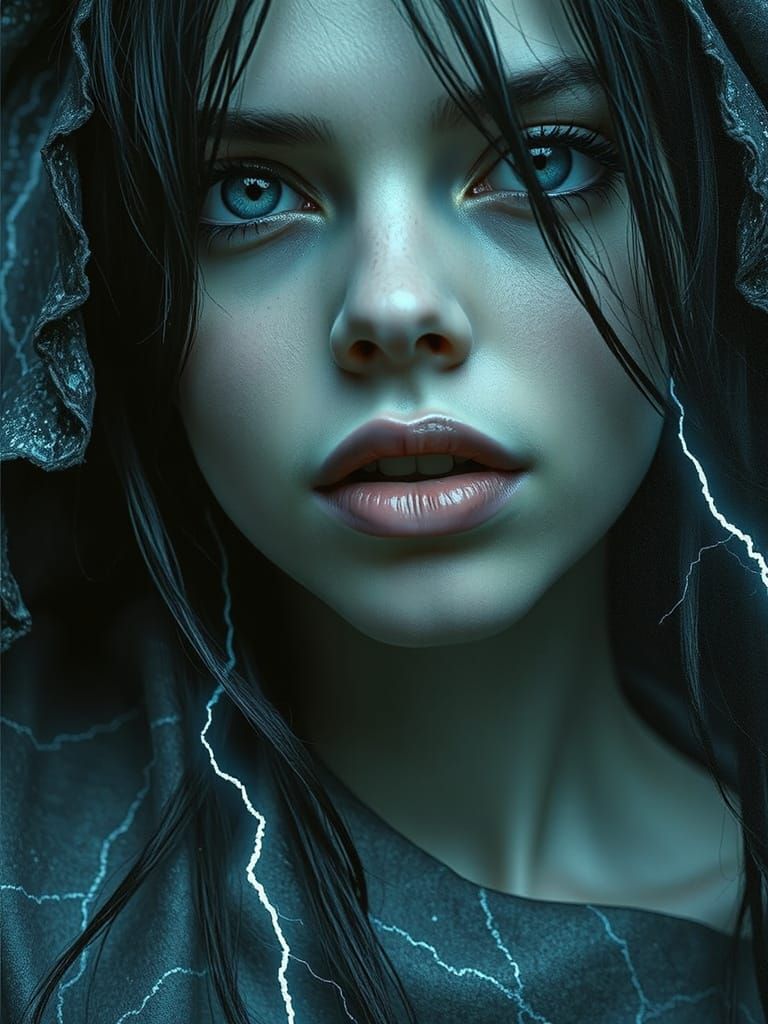 Digital painting close-up portrait OF ETHEREAL ENCHANTERESSE. Dreamlike lightning. Amy Judd. HR GIGER.