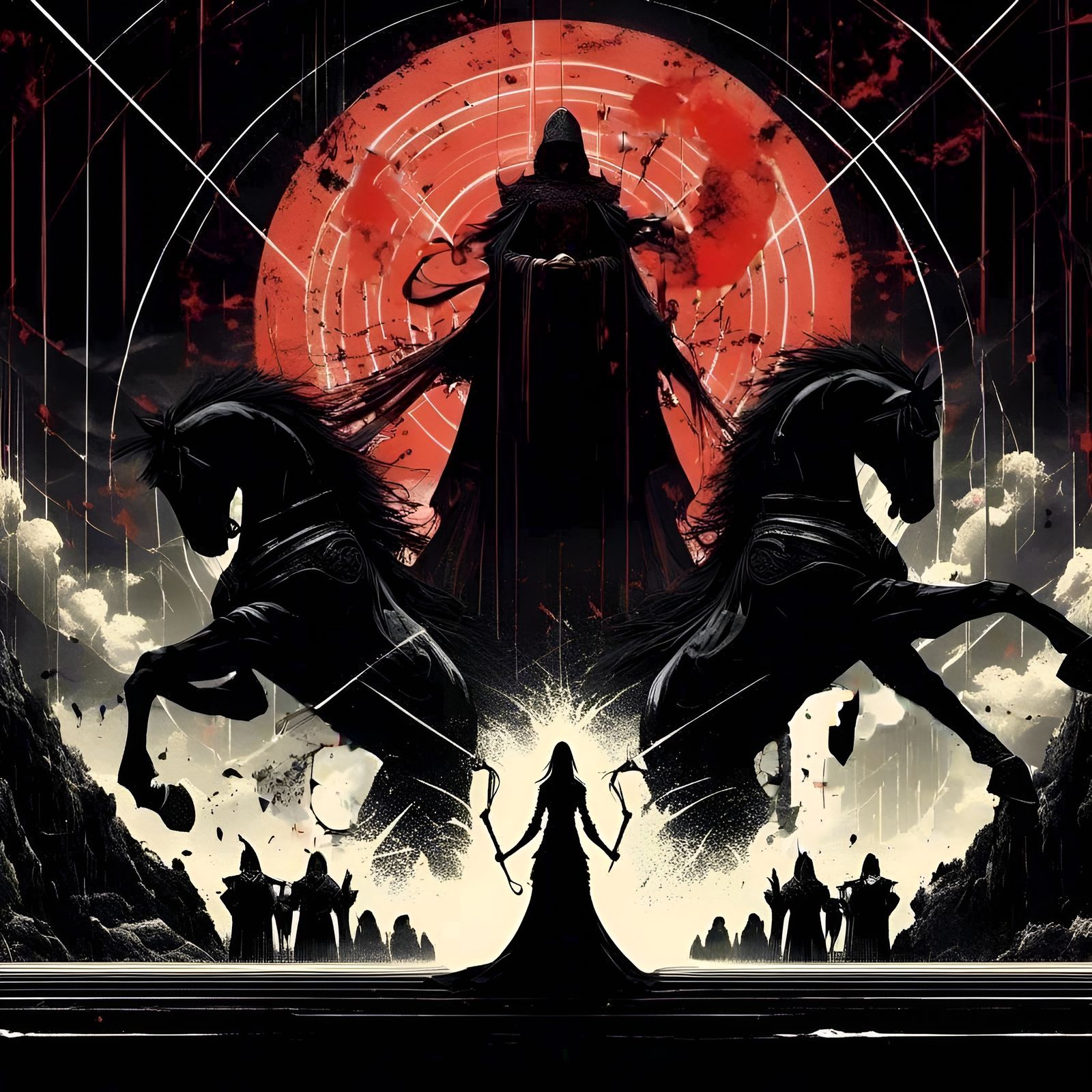 Dark Fantasy Priestess with Horses: Digital Illustration