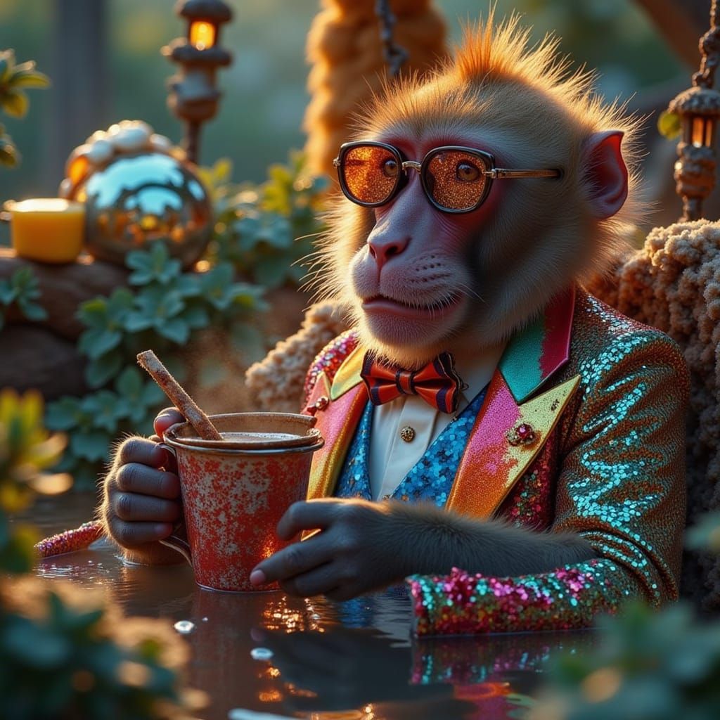 Disco Baboon in Sequin Tuxedo, Surreal Art