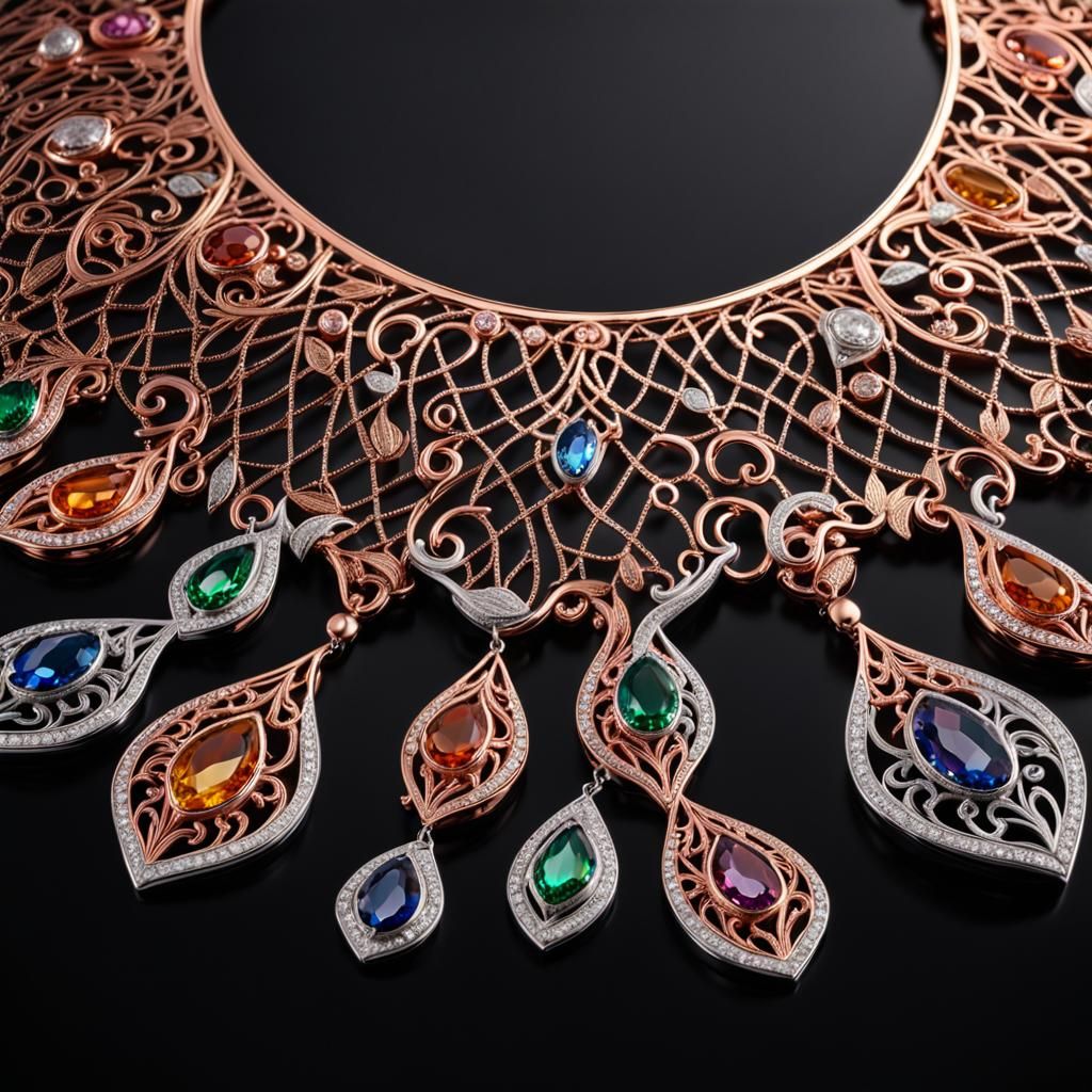 Gemstone and Diamond Rose Gold Filigree Necklace