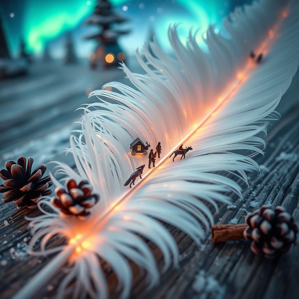 high definition double exposure  vibrant colors  poster on the  macro white  filigree feather placed  on the wooden  tab...