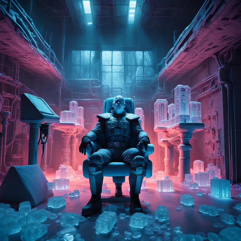 Mr. Freeze's Icy Lair in Neon-Lit Factory