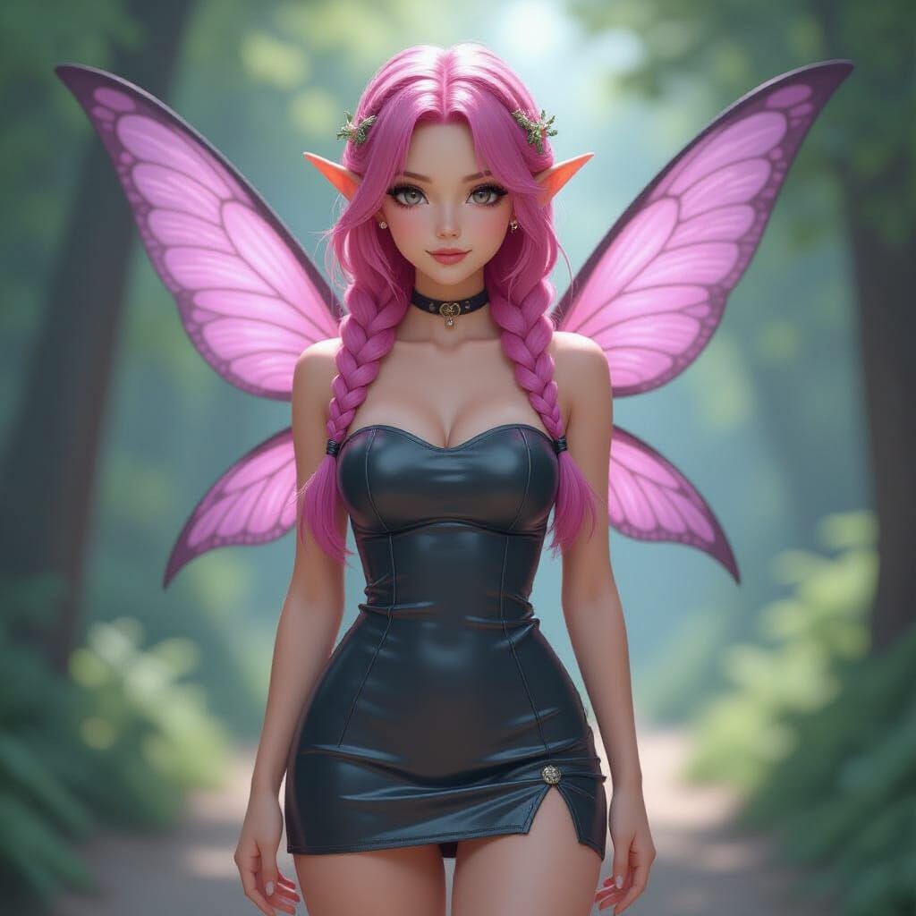 Anime Pixie in Dark Vinyl Dress, Digital Art