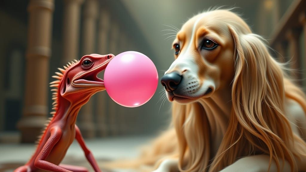 Red Lizard Blowing Bubbles at Afghan Hound