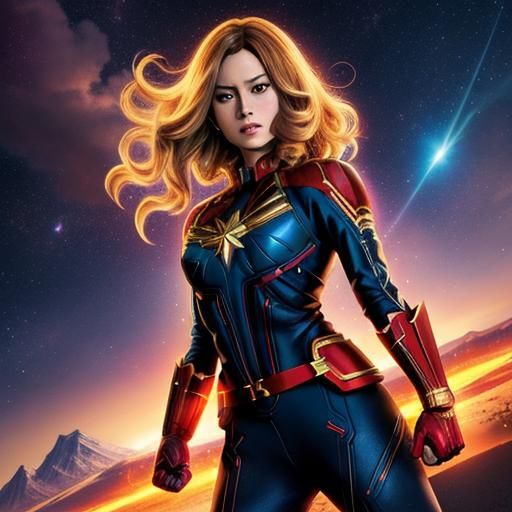 Captain Marvel with Long Hair in Anime Style