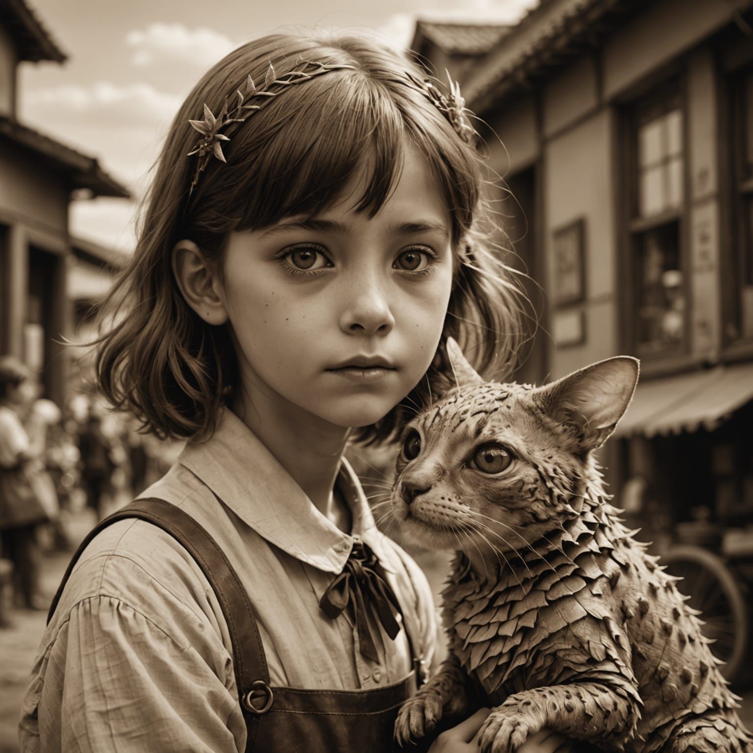 Vintage Sepia Photo of Girl with Bizarre Pet