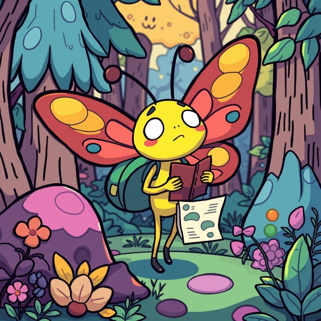 Confused Butterfly in Whimsical Forest Cartoon Style