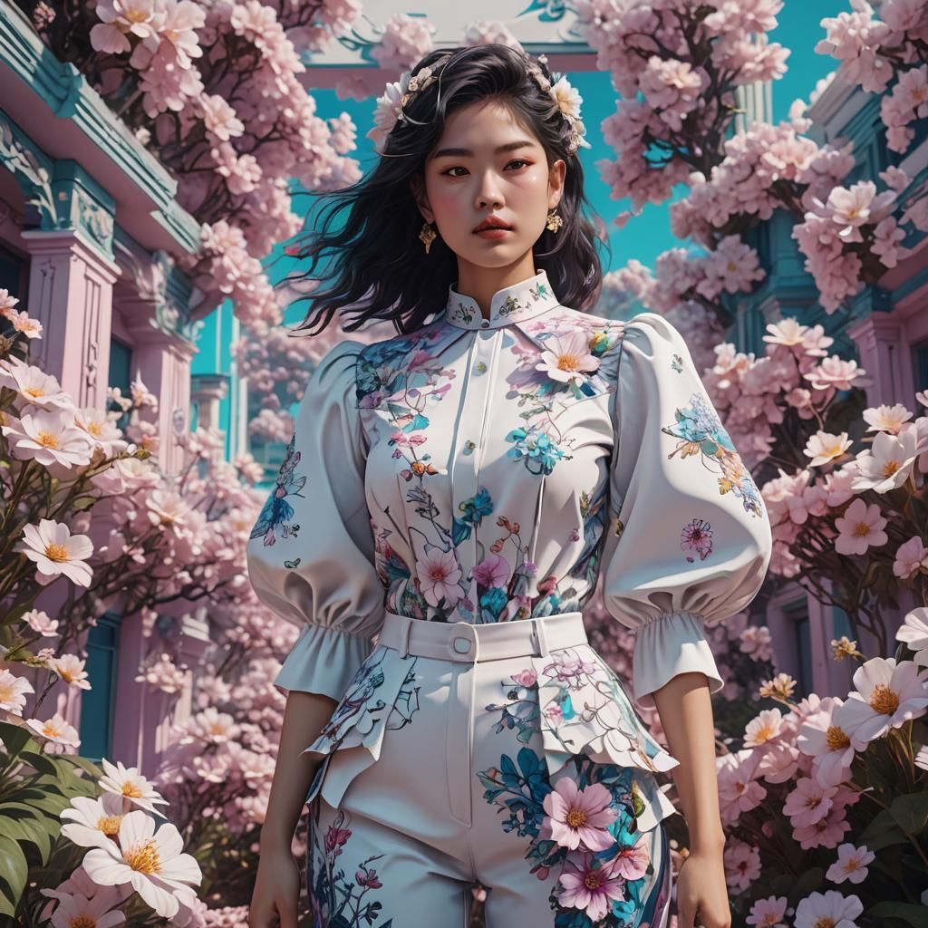 Vaporwave White Floral Blouse Digital Art