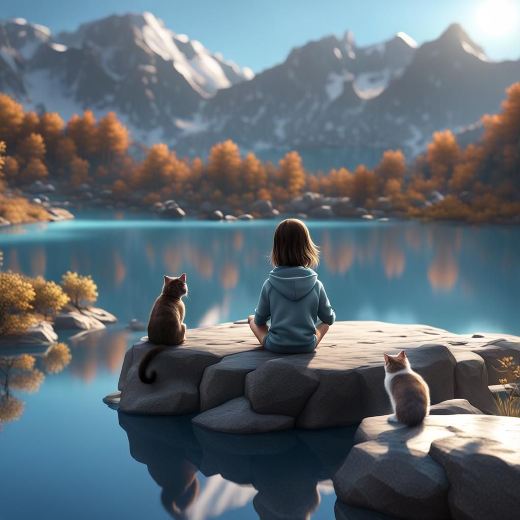 Girl and Cat Overlooking Lake, Fantasy Concept Art