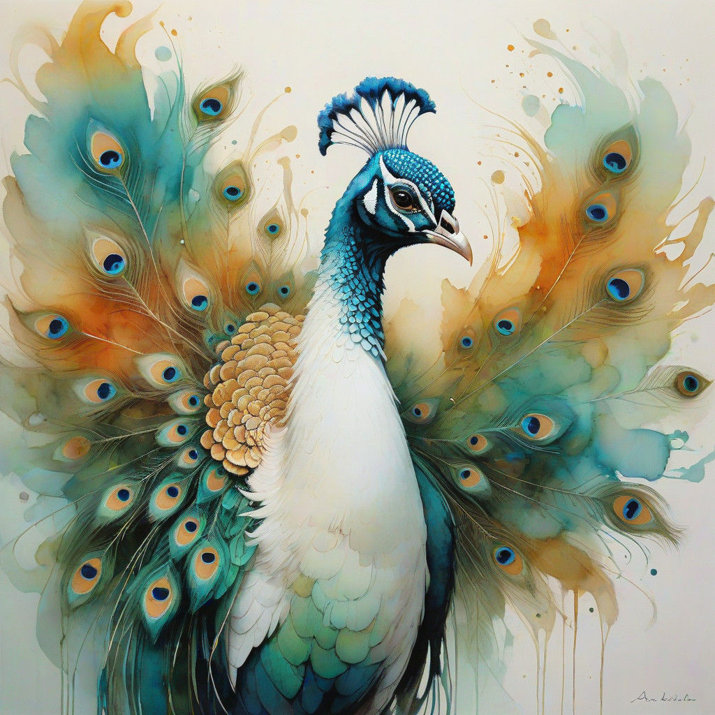 Surreal Albino Peacock in Liquid Ink