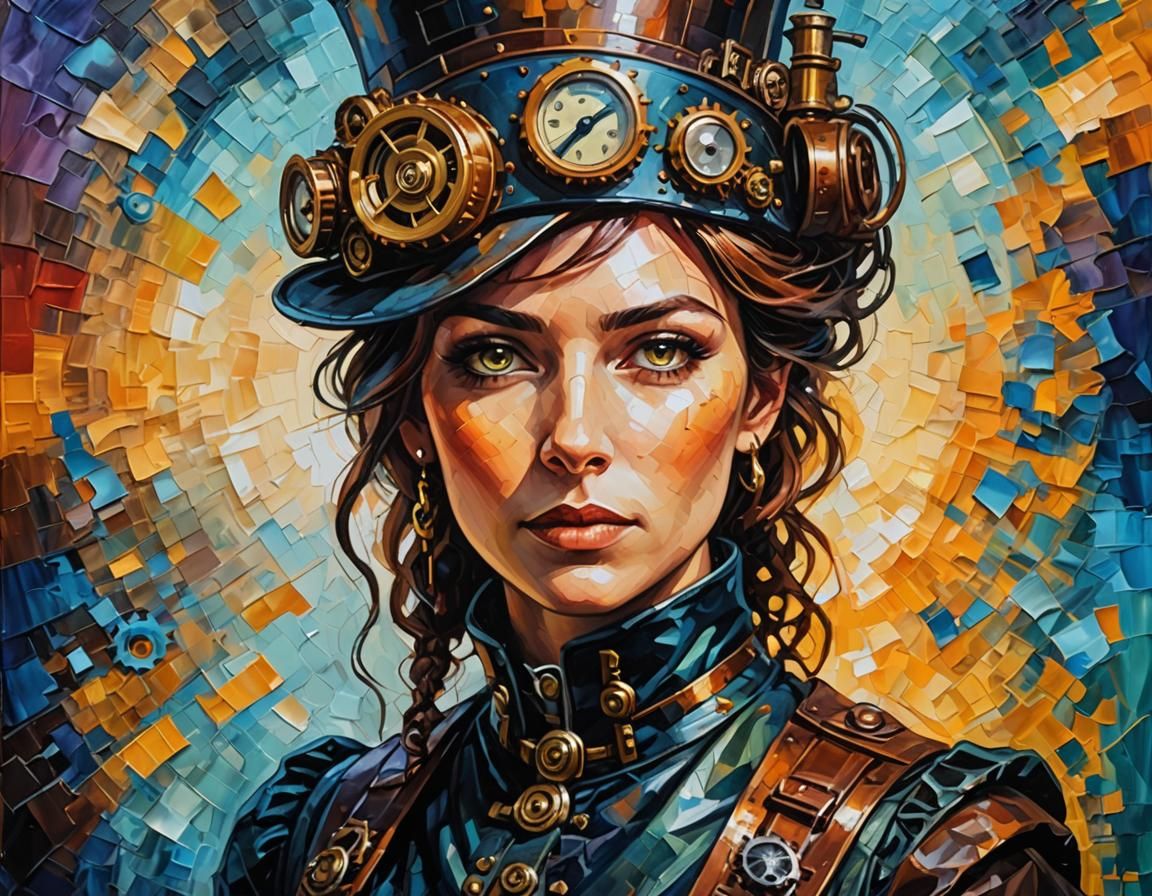 Steampunk Woman Portrait in Neo-Impressionist Style