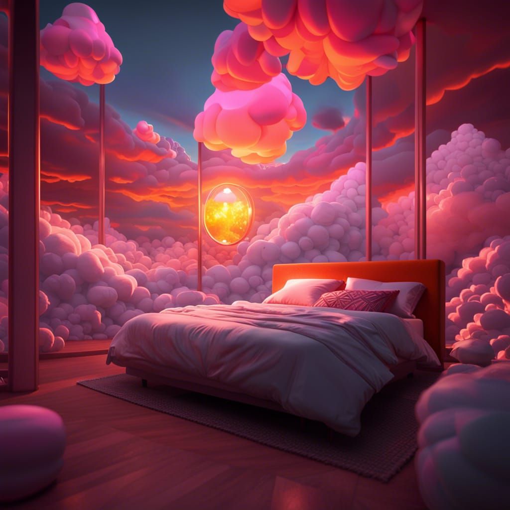 Pink Bed in Dome with Neon Sunset, Cyberpunk Art