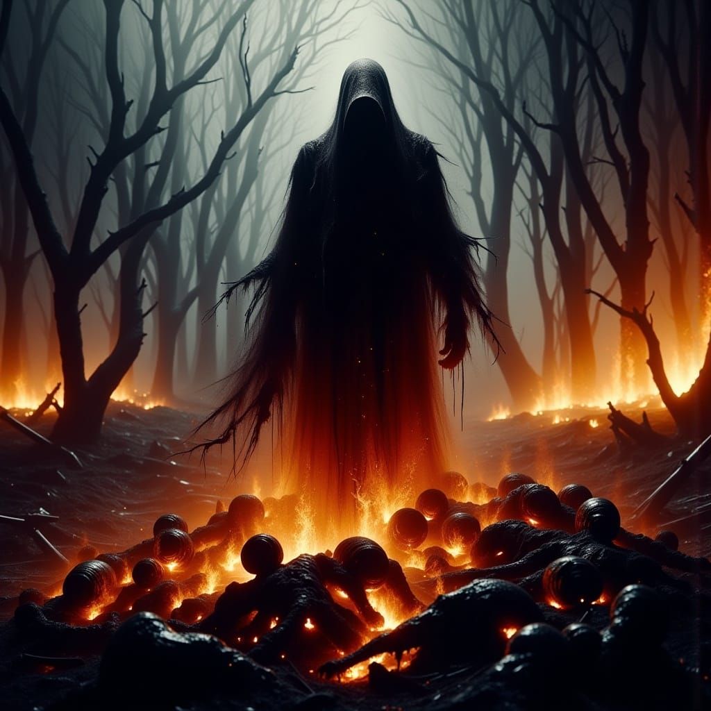 Death Over Burning Corpses in Dark Fantasy Style