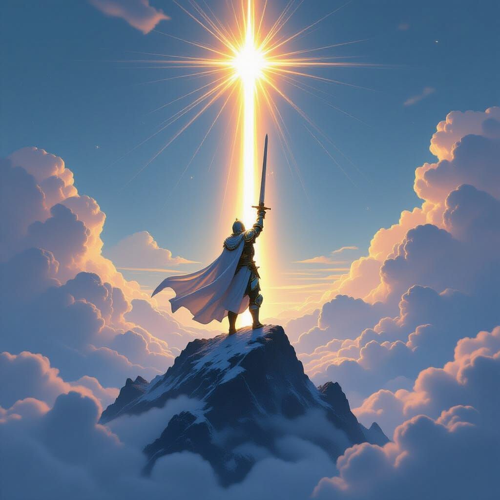 Knight Ascends Mountain Peak With Radiant Sword