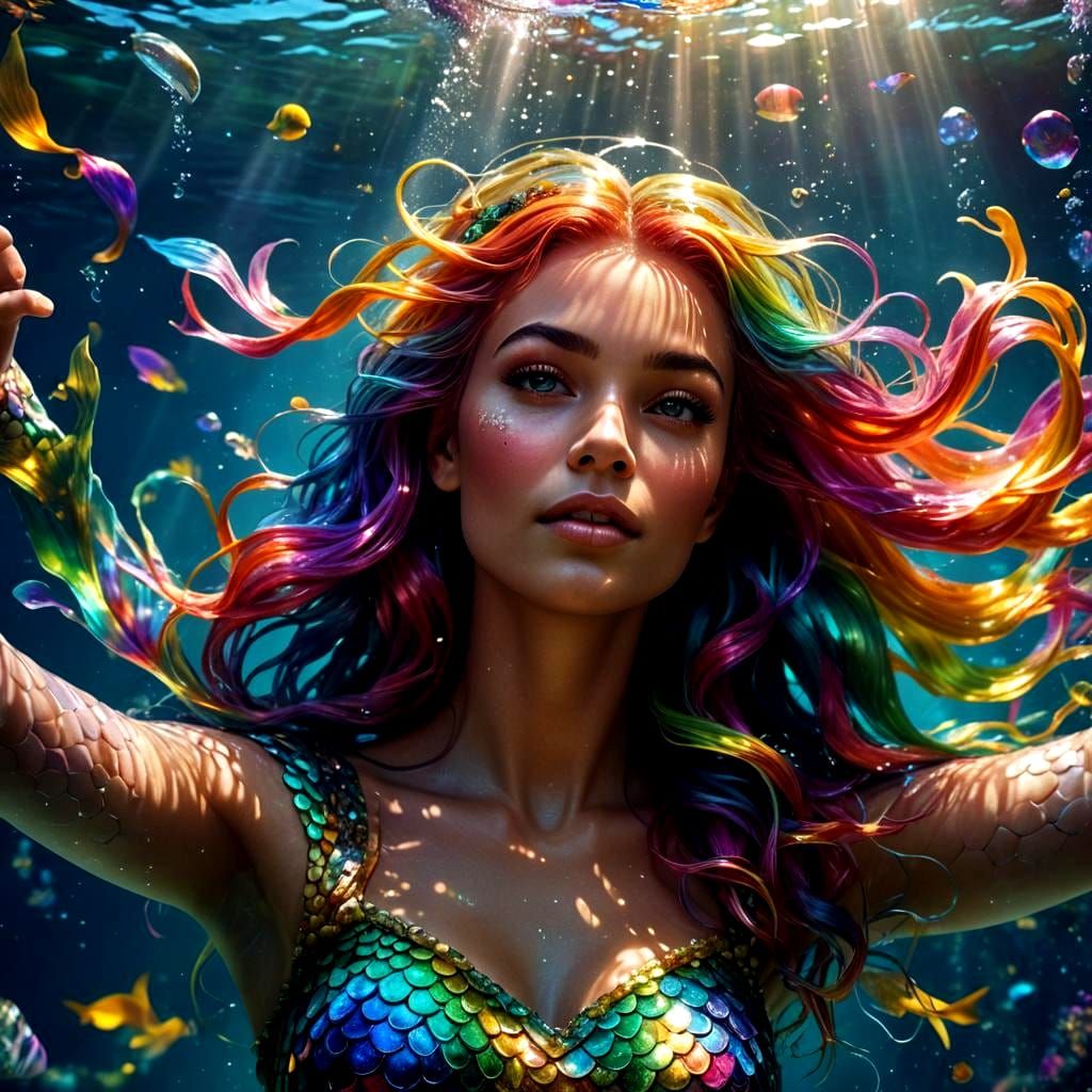 Radiant Mermaid with Rainbow Hair Underwater in HDR