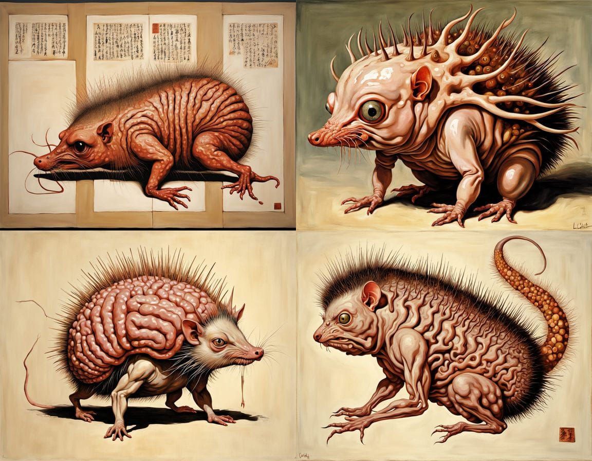 Mythical Ukiyo-e Creatures in Egon Schiele Style