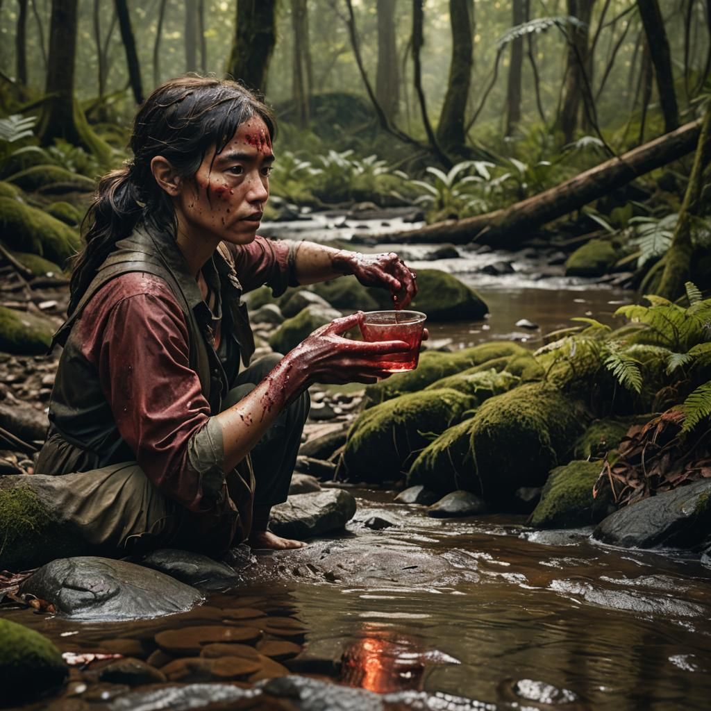 Amazon Warrior Drinks from Stream in Cinematic Style