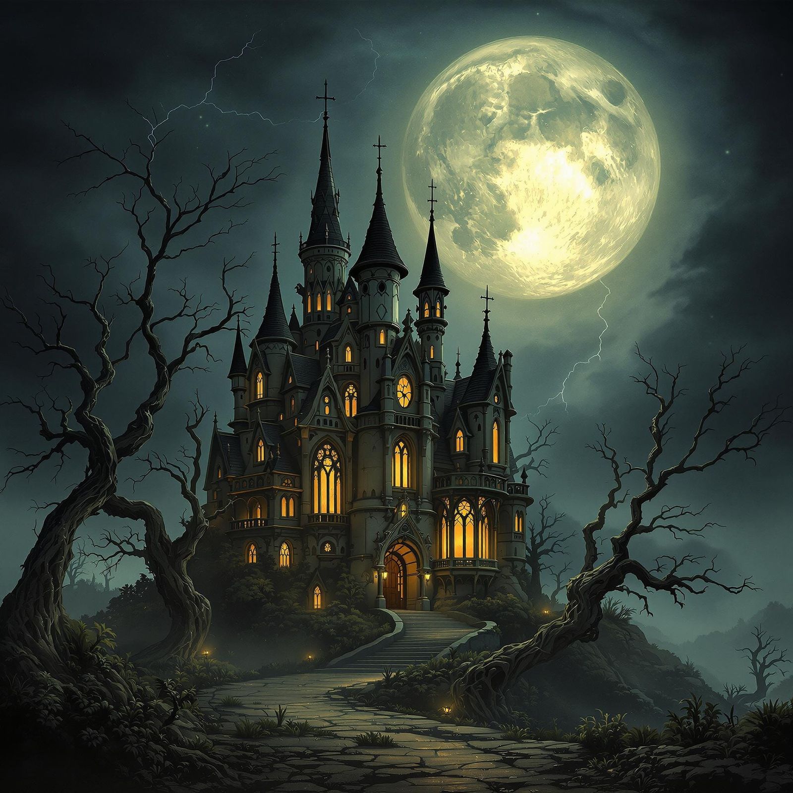 Gothic Mansion Under Silvery Moonlight