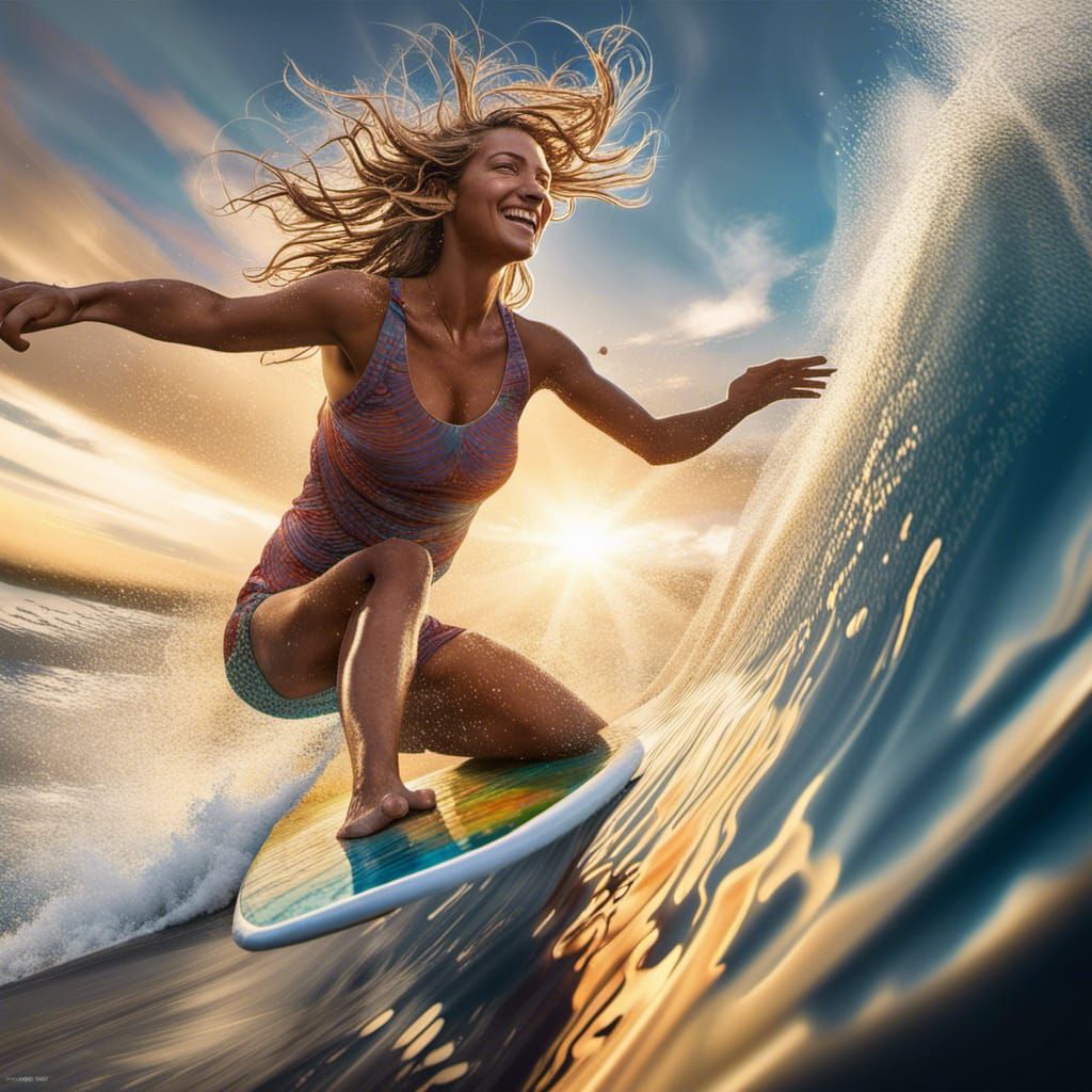 Woman Surfing in Hyperrealistic Splash Art Style
