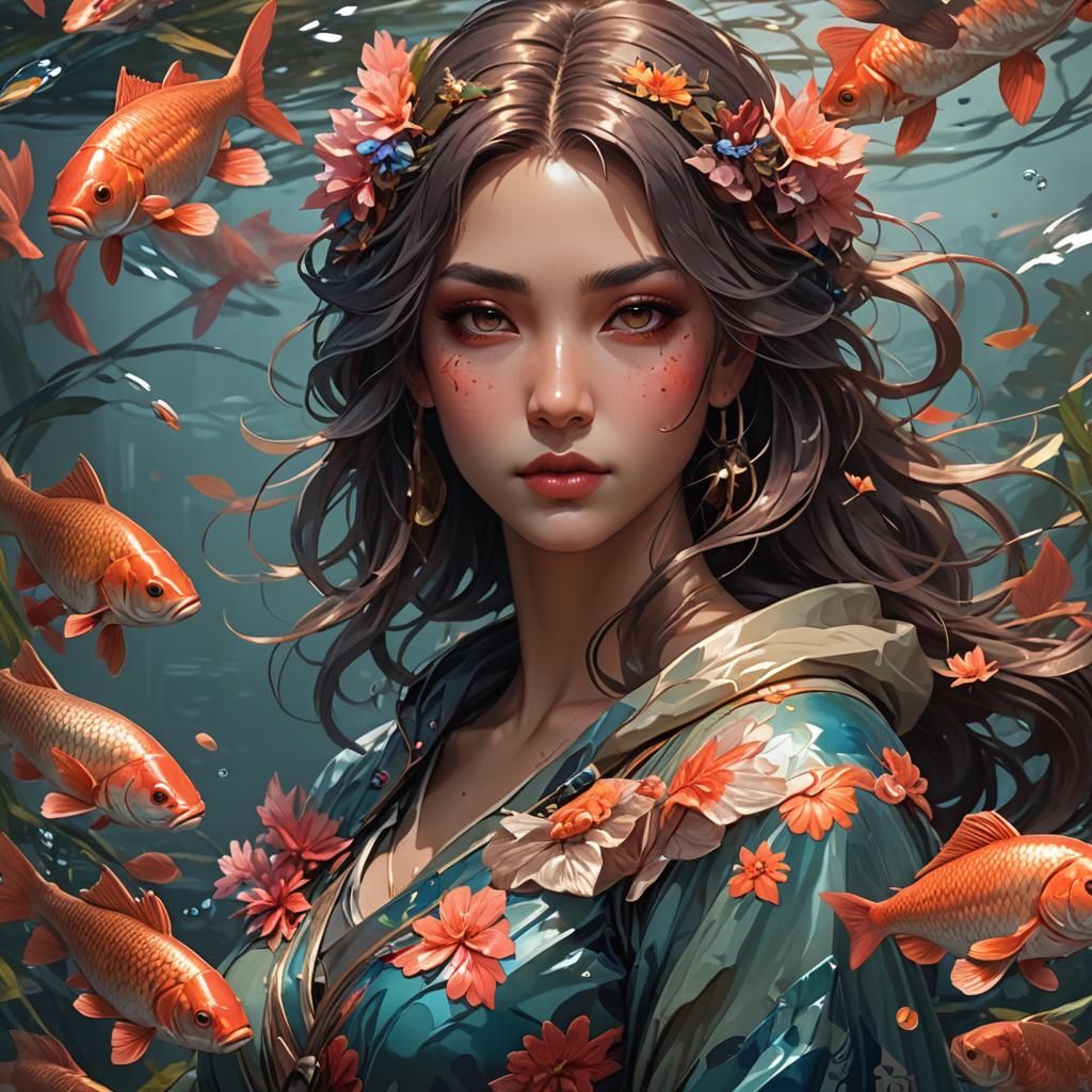 Detailed Portrait of a Carp Girl in Art Nouveau Style