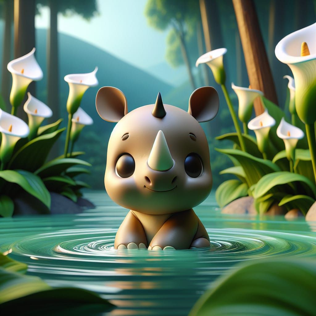 Disney Pixar style 3D adorable itty bitty baby rhino, sittin...