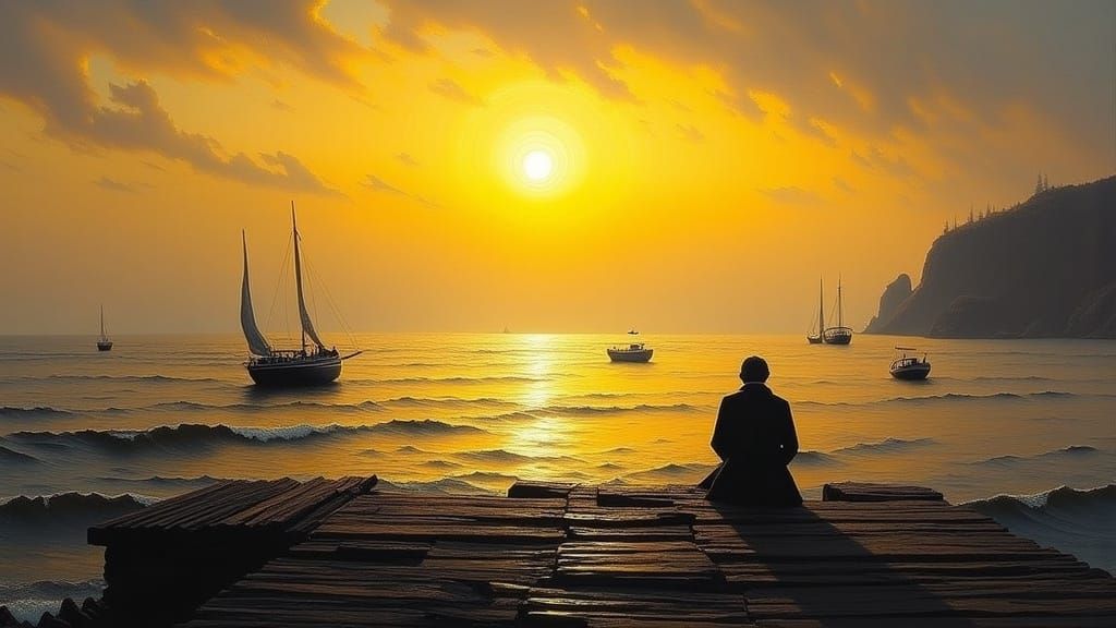 Serene Sunset Seascape with a Lone Figure