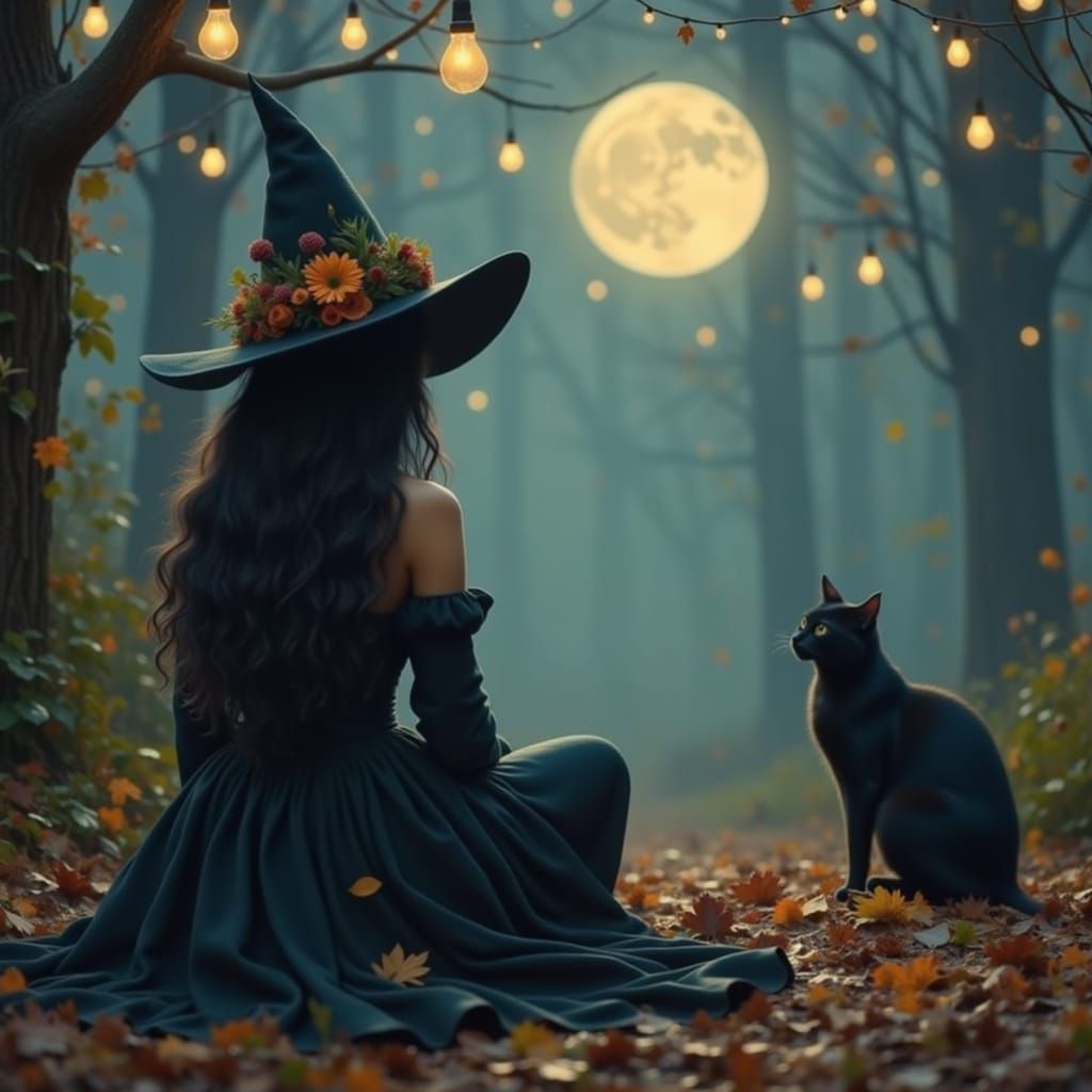 Impressionistic Witch and Cat Under Full Moon