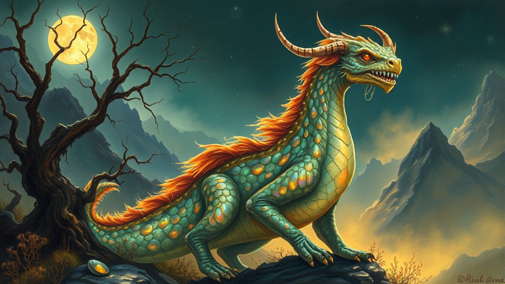 Opalescent Dragon in Mystical Moonlit Landscape