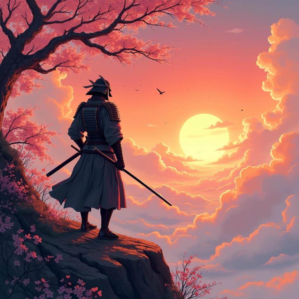 Ethereal Samurai Surrounded by Cherry Blossoms in a Sunset H...