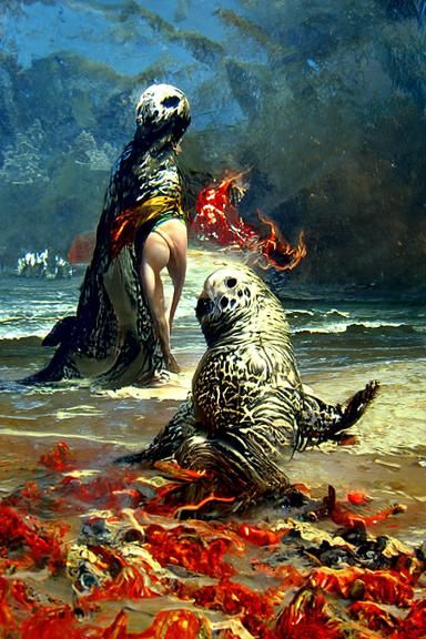 Fiery Tropical Beach Seal in Engraving Style
