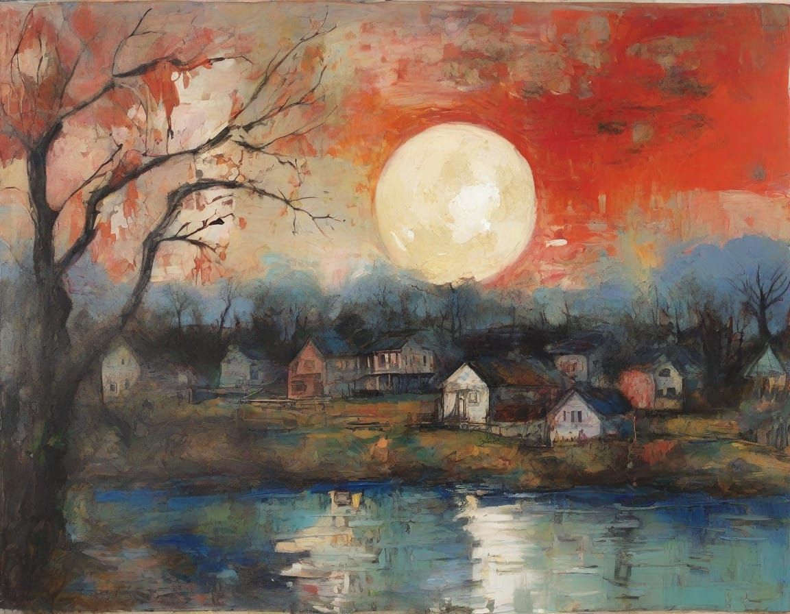 Golden Moon with Human Face in Fiery Hues