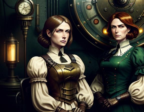 Steampunk Time Machine with Twin Sisters in Uniform