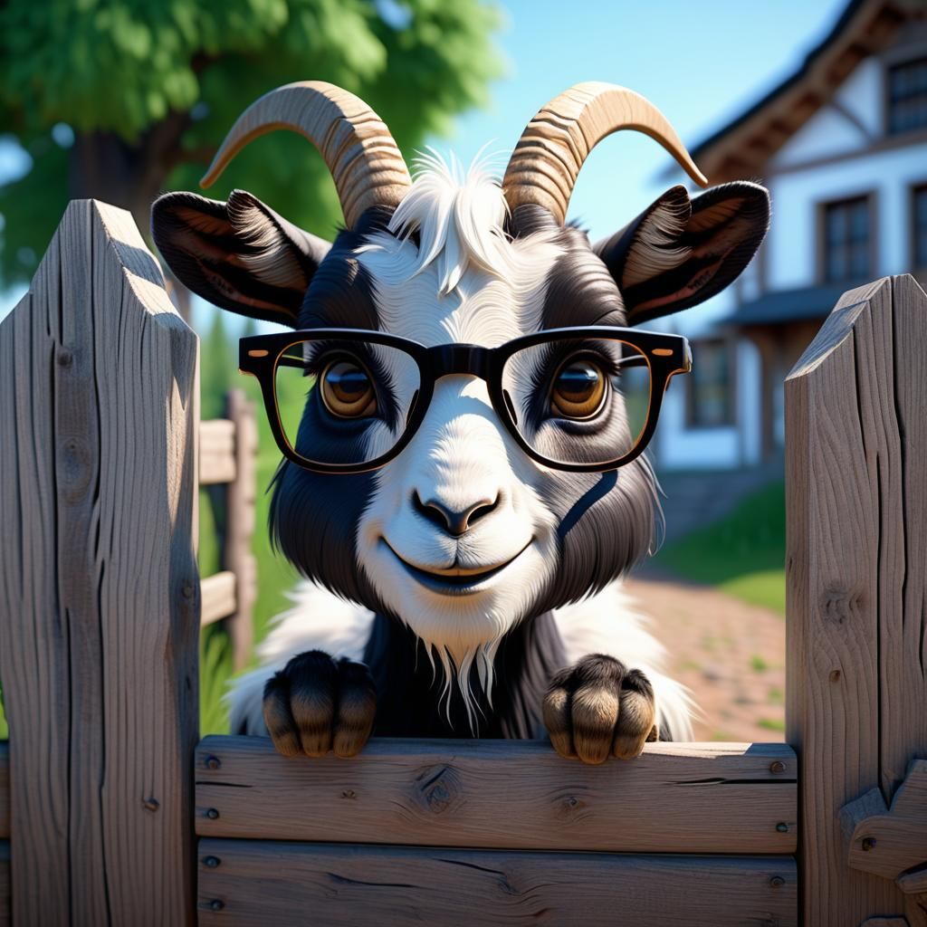 A goat with big cute chibi eyes with glasses peeks out from ...