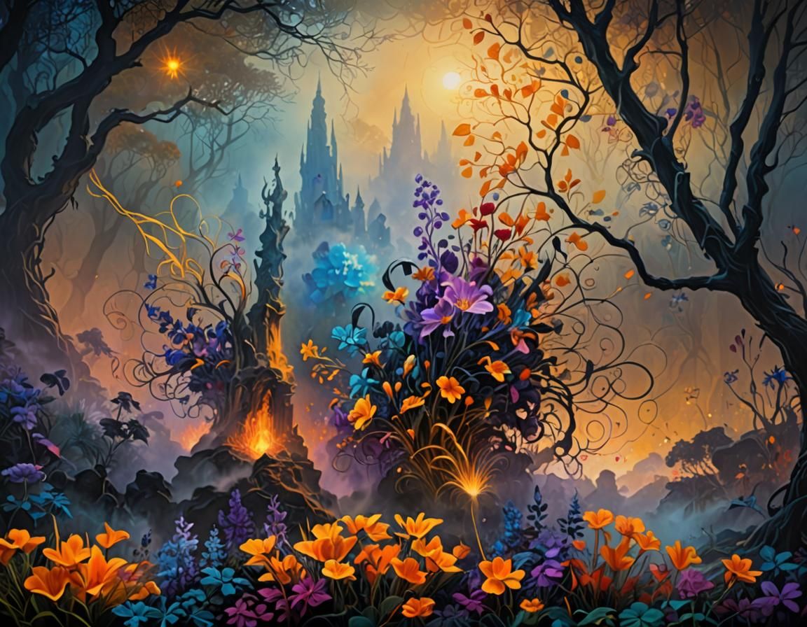 Mystical Floral Arrangement in a Dark Forest