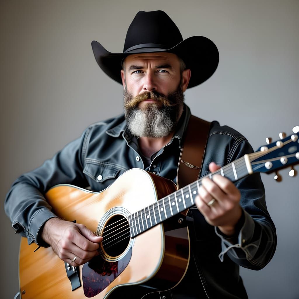 Country Rock Guitarist With Beard - Black and White Portrait